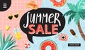 Summer sale promotion concept. Landing page template. Sunglasses, inflatable rings, fruit, palm, ice cream, camera, hat, lemonade Royalty Free Stock Photo