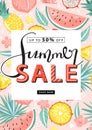 Summer sale promotion poster template. Creative lettering and tropical fruits for seasonal sales.