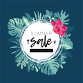 Summer Sale promotion. Tropical jungle design with a round frame Royalty Free Stock Photo