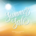 Summer Sale promotional banner. Summertime seasonal special offer background with hand lettering and summer sun for business.