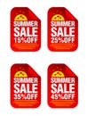 Summer Sale red sticker set. Sale 15%, 25%, 35%, 45% off. Stickers with palms icon Royalty Free Stock Photo