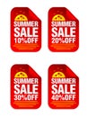 Summer Sale red sticker set. Sale 10%, 20%, 30%, 40% off. Stickers with palms icon Royalty Free Stock Photo