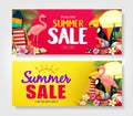 Summer Sale Red and Yellow Banners with Realistic Pink Flamingo, Black Toucan, Tropical Leaves