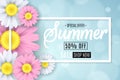 Summer sale. Seasonal banner. Multicolored flowers on a light blue background. Glare bokeh. Calligraphic text. Vector illustration Royalty Free Stock Photo