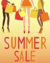 Summer sale, seasonal discounts. Slender tanned legs of girls. Women in short dresses and skirts, high heels. Girlfriends with