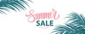 Summer Sale special offer banner. Summertime seasonal background with hand lettering and palm leaves for business.