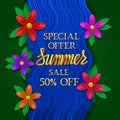 Summer sale special offer golden and yellow gradient lettering on green background in blue wavy frame with colorful flowers Royalty Free Stock Photo