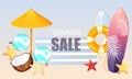 Summer sale.Summer background with surfboards, starfish, swimming rings, sunglasses.