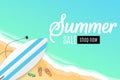 Summer sale. Surfboard, beach goggles and sponges. Sunny sandy beach. Cartoon style. Special offer. Summer discounts. Vector illus