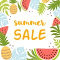 Summer sale template. Summer background with tropical leaves fruits watermelon pineapple Tropic discount banner