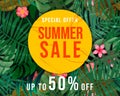 Summer Sale Template background tropical plants, flowers and leaves Royalty Free Stock Photo