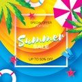 Summer Sale Template banner. Beach rest. Summer vacantion. Top view on colorful beach elements. Square frame with space Royalty Free Stock Photo