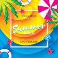 Summer Sale Template banner. Beach rest. Summer vacantion. Top view on colorful beach elements. Square frame with space