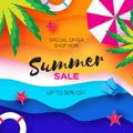 Summer Sale Template banner. Beach rest. Summer vacantion. Top view on colorful beach elements. Square frame with space Royalty Free Stock Photo