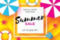 Summer Sale Template banner. Beach rest. Summer vacantion. Top view on colorful beach elements. Square frame with space Royalty Free Stock Photo