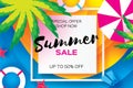 Summer Sale Template banner. Beach rest. Summer vacantion. Top view on colorful beach elements. Square frame with space Royalty Free Stock Photo