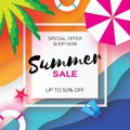 Summer Sale Template banner. Beach rest. Summer vacantion. Top view on colorful beach elements. Square frame with space Royalty Free Stock Photo