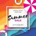 Summer Sale Template banner. Beach rest. Summer vacantion. Top view on colorful beach elements. Square frame with space Royalty Free Stock Photo