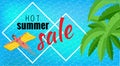 Summer sale template banner. Vector illustration with spesial discount offer. Slim young woman in bikini holding yellow Royalty Free Stock Photo