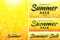 Summer sale template banners. Sun rays backgrounds. Glow horizontal and vertical sunlight yellow backdrop. Vector. Royalty Free Stock Photo