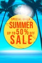 Summer Sale Template poster. Tropical landscape, blue sea, ocean, beach, palms Royalty Free Stock Photo