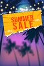 Summer Sale Template poster. Yellow sticker with wrinckles Royalty Free Stock Photo