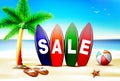 Summer Sale Text in Surf Board in Front of Seashore