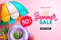 Summer sale text vector banner. Summer sale special offer discount with umbrella, floaters