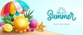 Summer sale text vector banner. Summer sale special offer discount with umbrella, floaters