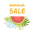 Summer sale text Watermelon with tropical leaves. Summer background fruits Tropic sale banner Vector