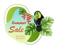 Summer sale with Toucan,palm leaves and tropical flowers. Place for text. poster, web, party invitation, flyer, banner Royalty Free Stock Photo