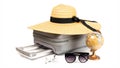 Summer sale. Travel accessories with suitcase, straw hat, toy airplane and globe in minimal trip vacation concept isolated on Royalty Free Stock Photo