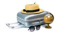 Summer sale. Travel accessories with suitcase, straw hat, toy airplane and globe in minimal trip vacation concept isolated on Royalty Free Stock Photo