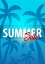 Summer Sale tropical background with palms and sunset. Summer placard poster flyer invitation card. Summer time. Vector Royalty Free Stock Photo