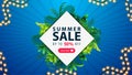 Summer sale, up to 50% off, discount banner with diamond-shaped frame of tropical leaves around offer Royalty Free Stock Photo