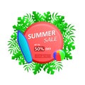 Summer Sale Up To 50% Off Discount with tropical leaves, surfboard and beach ball.