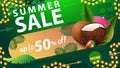 Summer sale, up to 50% off, green discount web banner for your website with frame of garland, tropical leafs