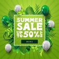 Summer sale, up to 50% off, green square discount banner with frame of tropical leaves around a white line frame, button