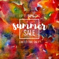 Summer Sale up to 50 percent off. Seasonal discounts. Abstract colorful watercolor banner with hand drawn lettering. Royalty Free Stock Photo