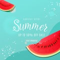 Summer sale vector background with big fun bite watermelon slice, seeds look like smile, text lettering sign. Tropical Royalty Free Stock Photo