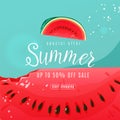 Summer sale vector background with big fun bite watermelon slice, seeds look like smile, text lettering sign. Tropical Royalty Free Stock Photo