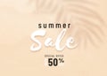 Summer sale vector background with palm leaf shadow on light yellow sand beach background. Nature summer tropic concept