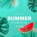 Summer sale vector background with watermelon slices, palm monstera leaves, design elements. Tropical cute offer card Royalty Free Stock Photo