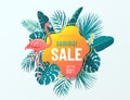 Summer sale vector banner background with bright geometric element, tropical leaves, flamingo, flowers. Special offer