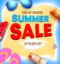 Summer sale vector banner background. Summer sale end of season text with sunscreen and sunglasses tropical element in sand. Royalty Free Stock Photo