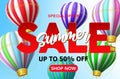 Summer sale vector banner background. Summer sale 50% off text with 3d colorful hot air balloon and blue sky design for seasonal. Royalty Free Stock Photo