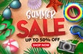 Summer sale vector banner background. Summer sale text advertisement promotion with up to 50% off in beach sand element. Royalty Free Stock Photo