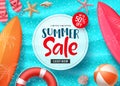 Summer sale vector banner design with colorful beach elements and sale text in white space and blue beach background