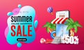 Summer sale vector banner design. Summer online shopping sale text with smartphone online application store for tropical season.