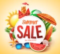 Summer sale vector banner design for promotion with colorful beach elements